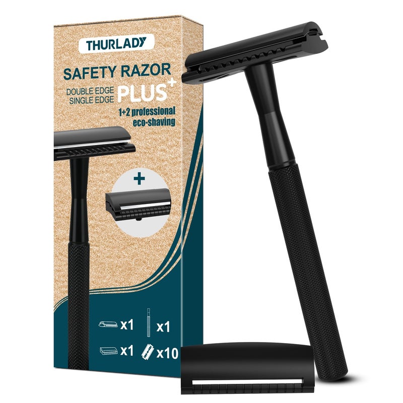 THURLADY Safety Razors for Men, Reusable Metal Razor, with 10 Double Edge Blades, Smooth Close Gentle Shave, Plastic Free, Matte Black - Image 1